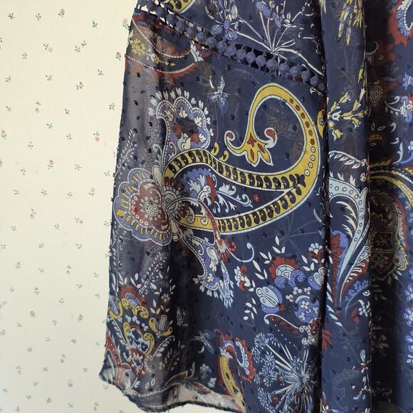 Style & Co Peasant Top XL Sheer Swiss Dot Paisley Blue Career Bell Sleeves Flowy - Picture 14 of 16